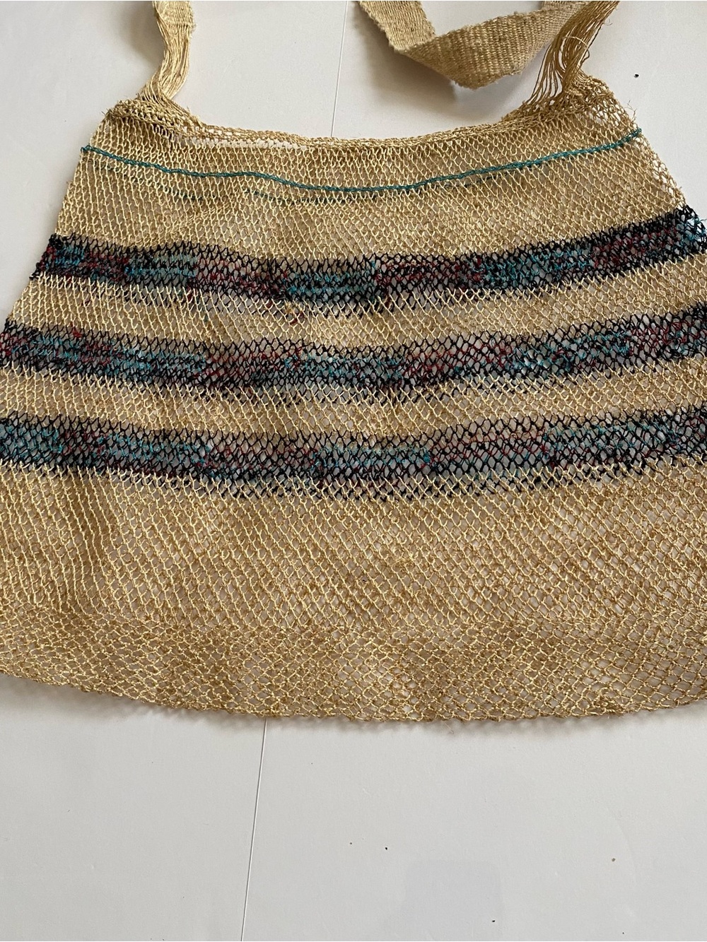 Nature Bag Handmade in Laos Striped Natural Fiber Mesh Market Tote
